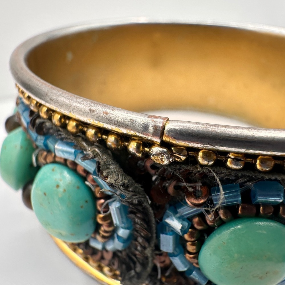 Vintage 90s Mixed Media Bangle Bracelet Turquoise Tiger Eye Glass Beaded Boho - Picture 9 of 12